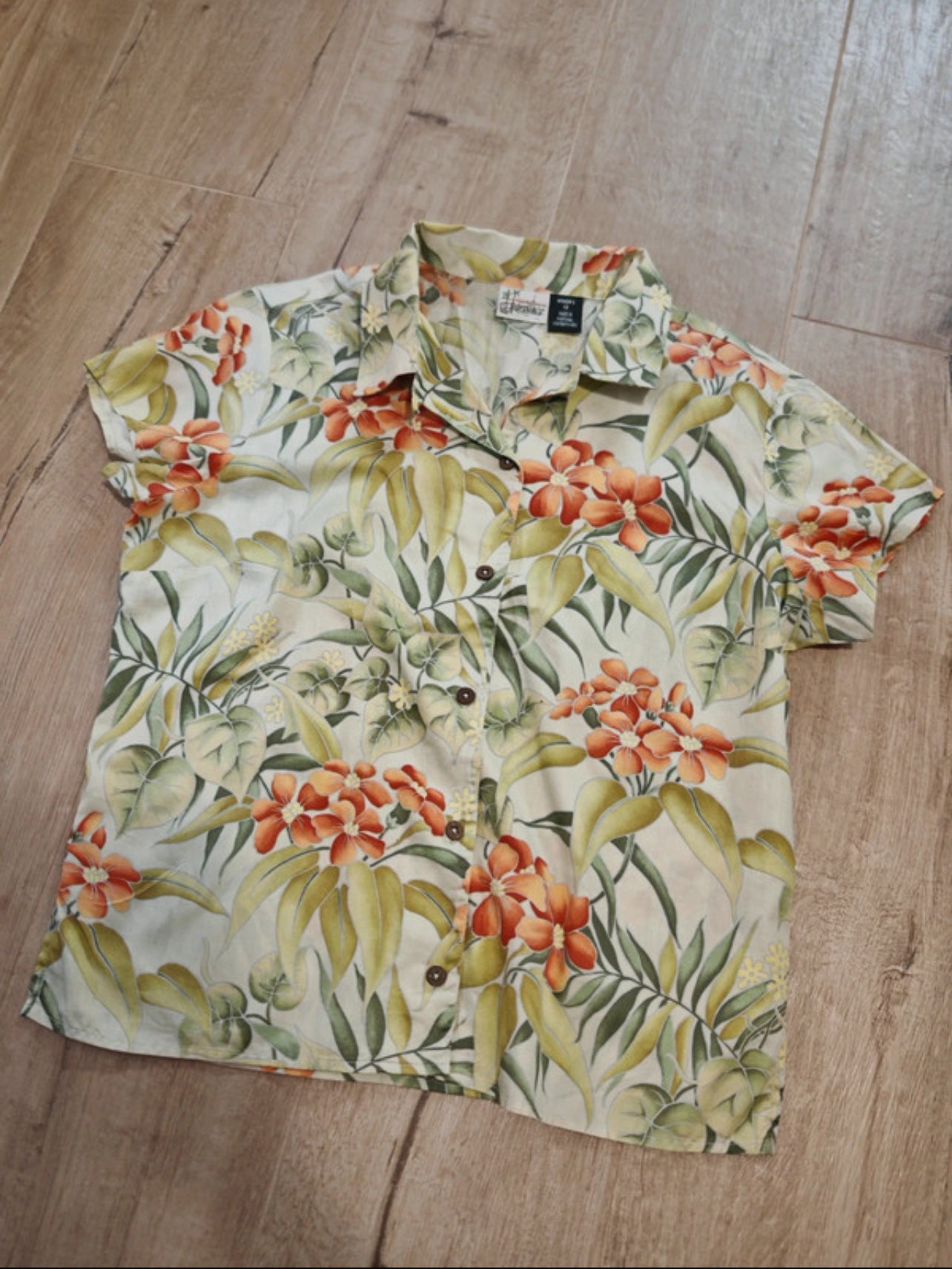 Kurzarm Hemd von Patagonia (L / XL Damen) pure Baumwolle grün-orange Print