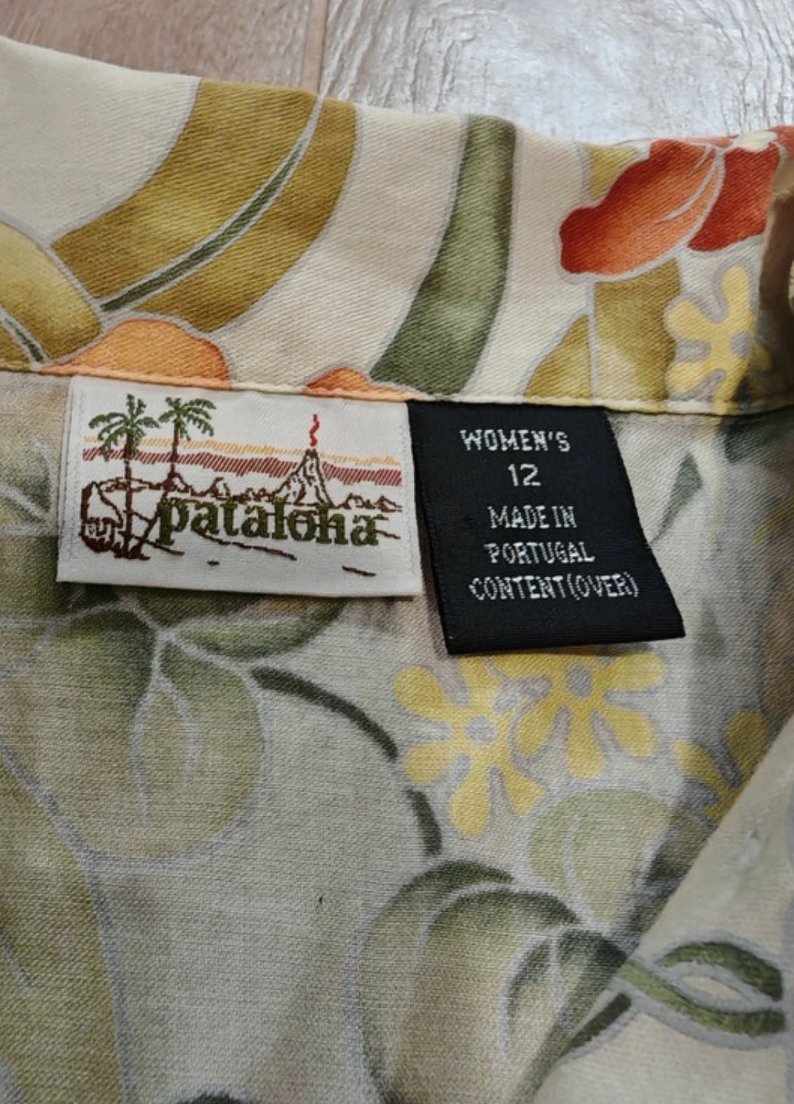 Kurzarm Hemd von Patagonia (L / XL Damen) pure Baumwolle grün-orange Print