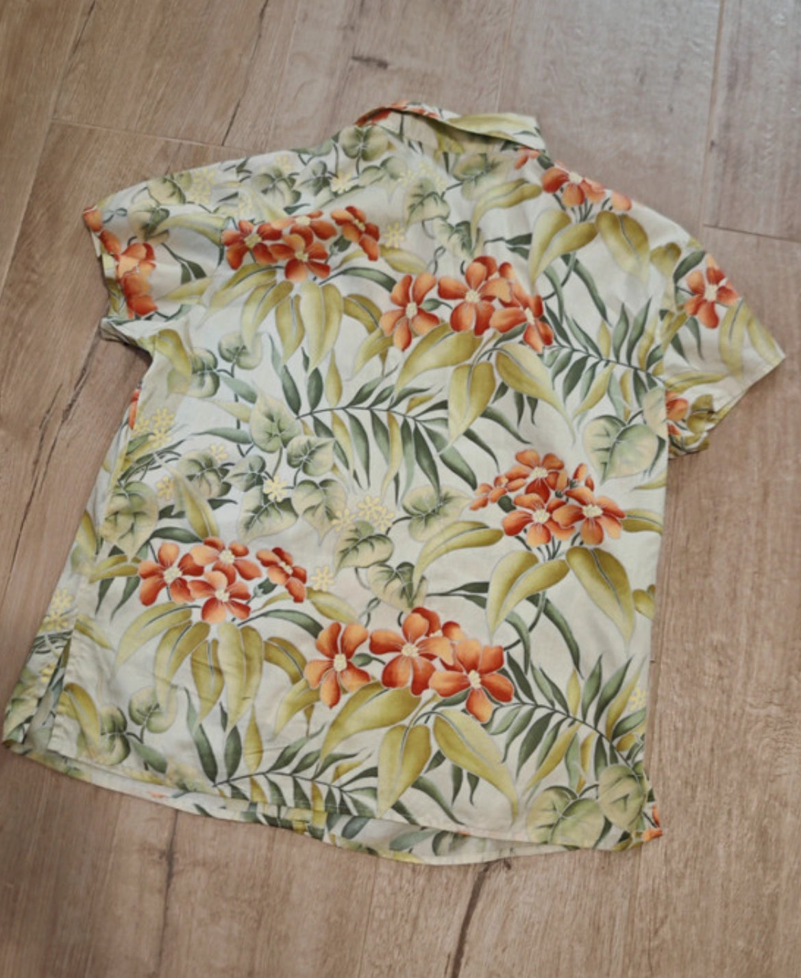 Kurzarm Hemd von Patagonia (L / XL Damen) pure Baumwolle grün-orange Print