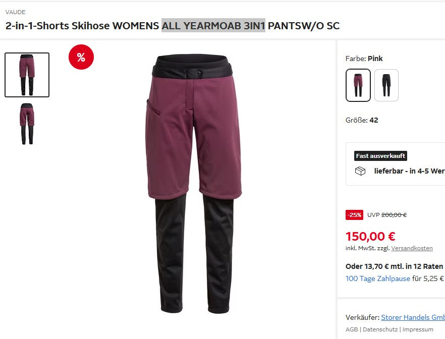 Ski / MTB 3in1 Hose von Vaude (XS/ S Damen ) Softshell Purpur schwarz