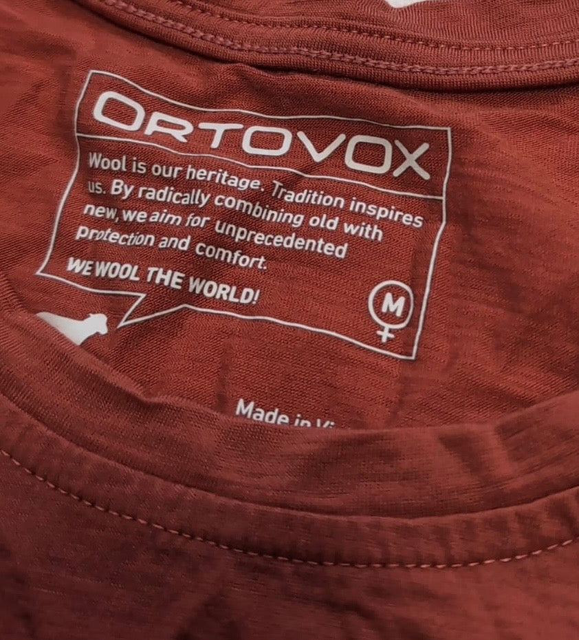 T-Shirt Ortovox Merino (Damen M) Terrakota Orange mit Print - wanderlich.com