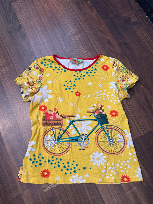 T-Shirt Baumwolle (Damen M : 38) gelb Print Fahrrad