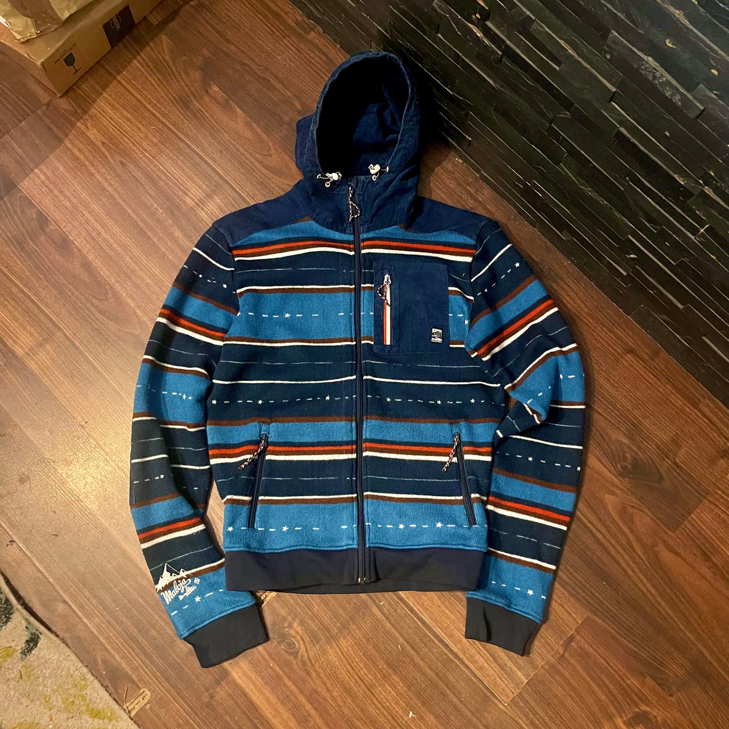 Fleece Jacke von Maloja (L Herren) Strickoptik, Cord dunkelblau gestreift