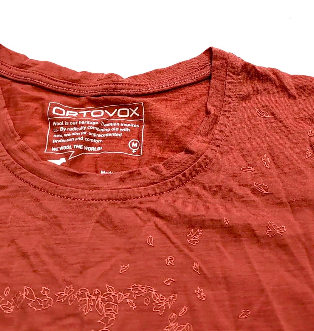 T-Shirt Ortovox Merino (Damen M) Terrakota Orange mit Print - wanderlich.com