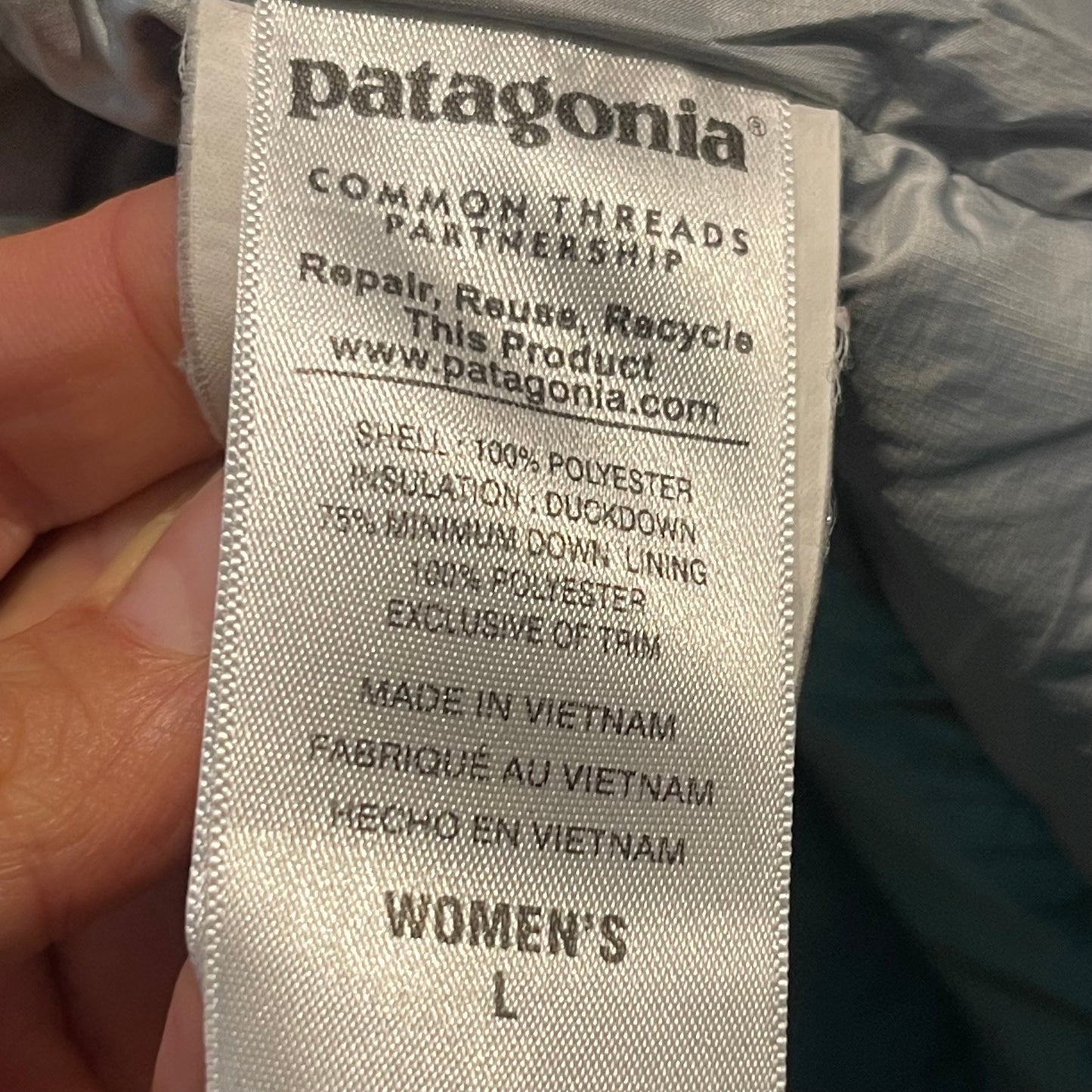 Daunen Mantel Patagonia (L Damen) lange Steppjacke Silber grau