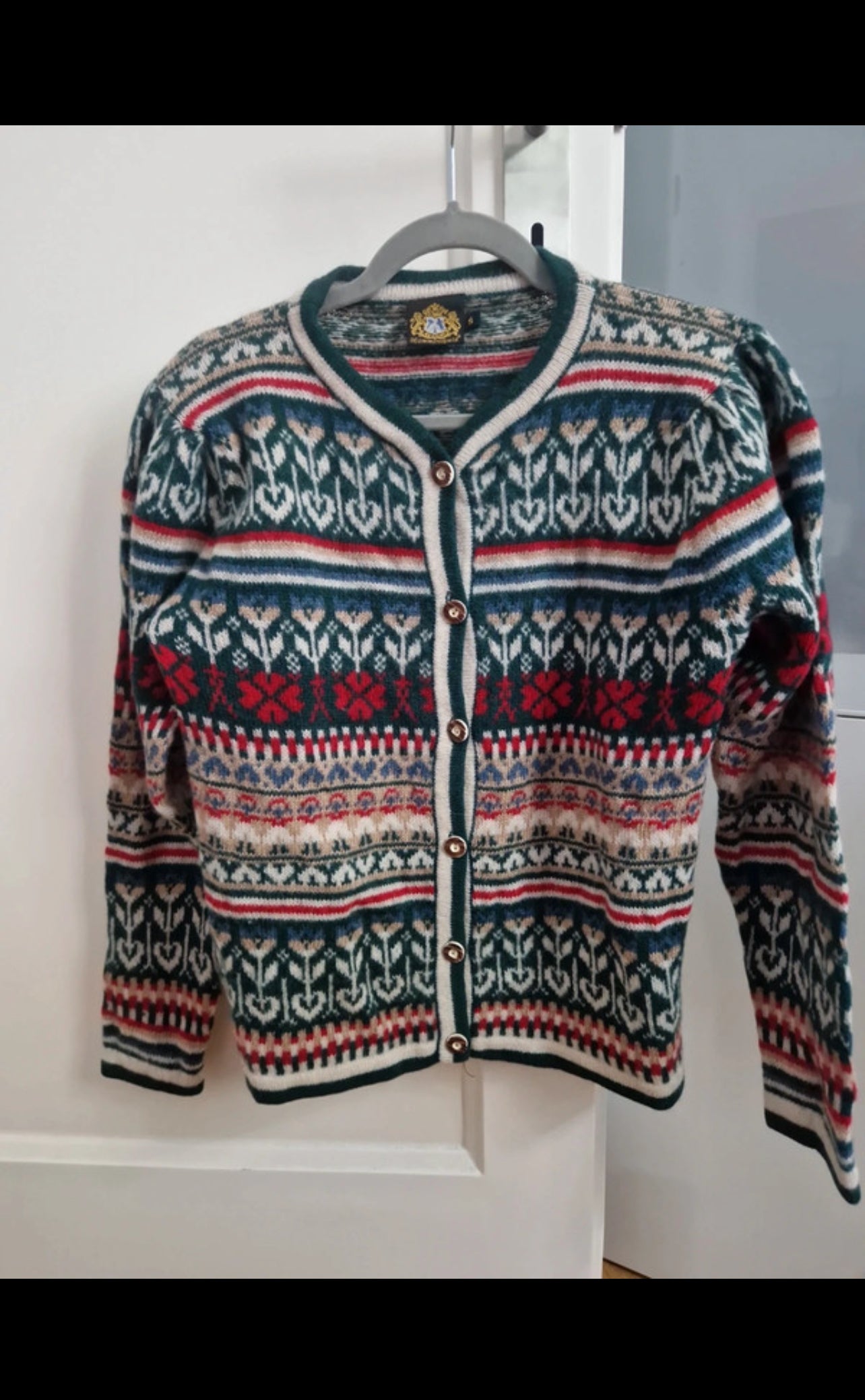 Strick Jacke 100%Wolle ( S Damen ) Muster beige-rot-grün