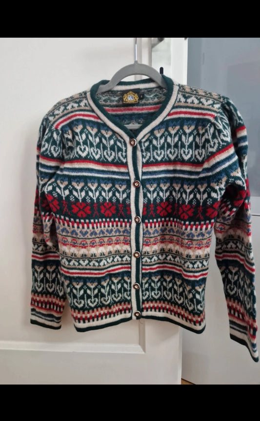 Strick Jacke 100%Wolle ( S Damen ) Muster beige-rot-grün