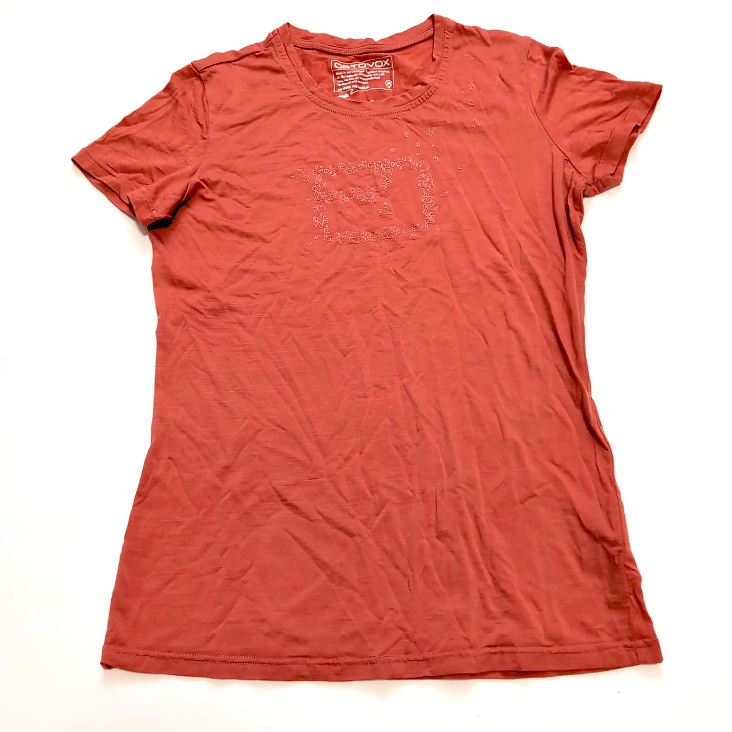 T-Shirt Ortovox Merino (Damen M) Terrakota Orange mit Print - wanderlich.com