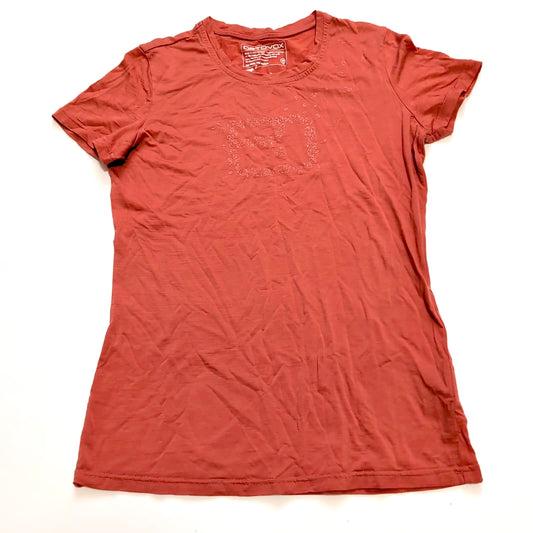 T-Shirt Ortovox Merino (Damen M) Terrakota Orange mit Print - wanderlich.com