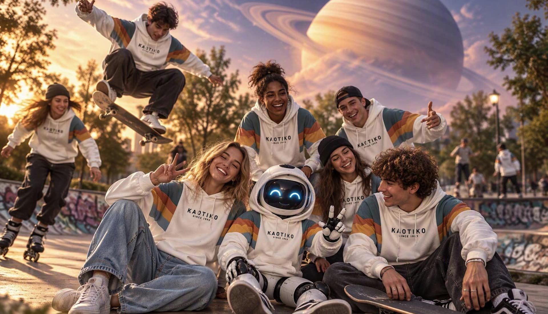 Gruppe junger Menschen mit Robotor in Kaotiko Hoodie