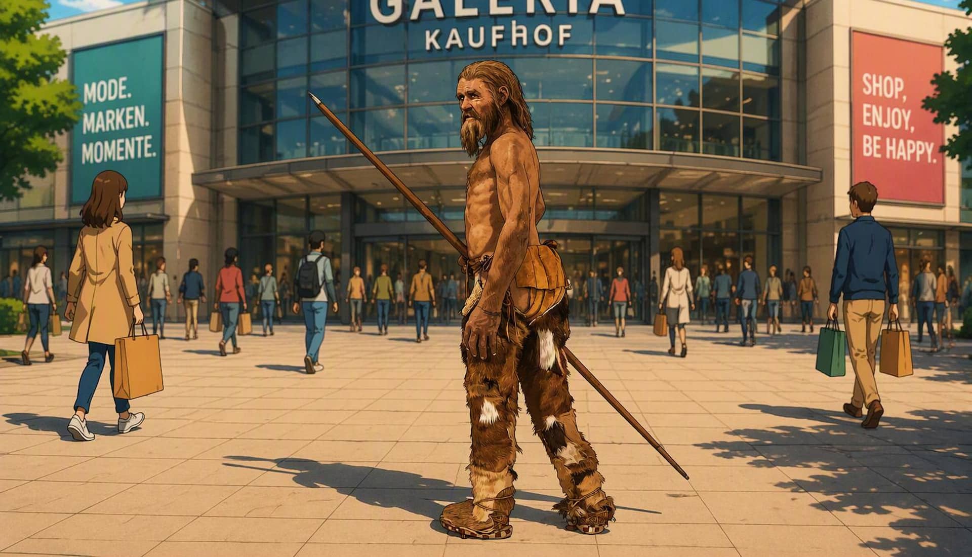 Ötzi vor einem Kaufhaus, Karikatur